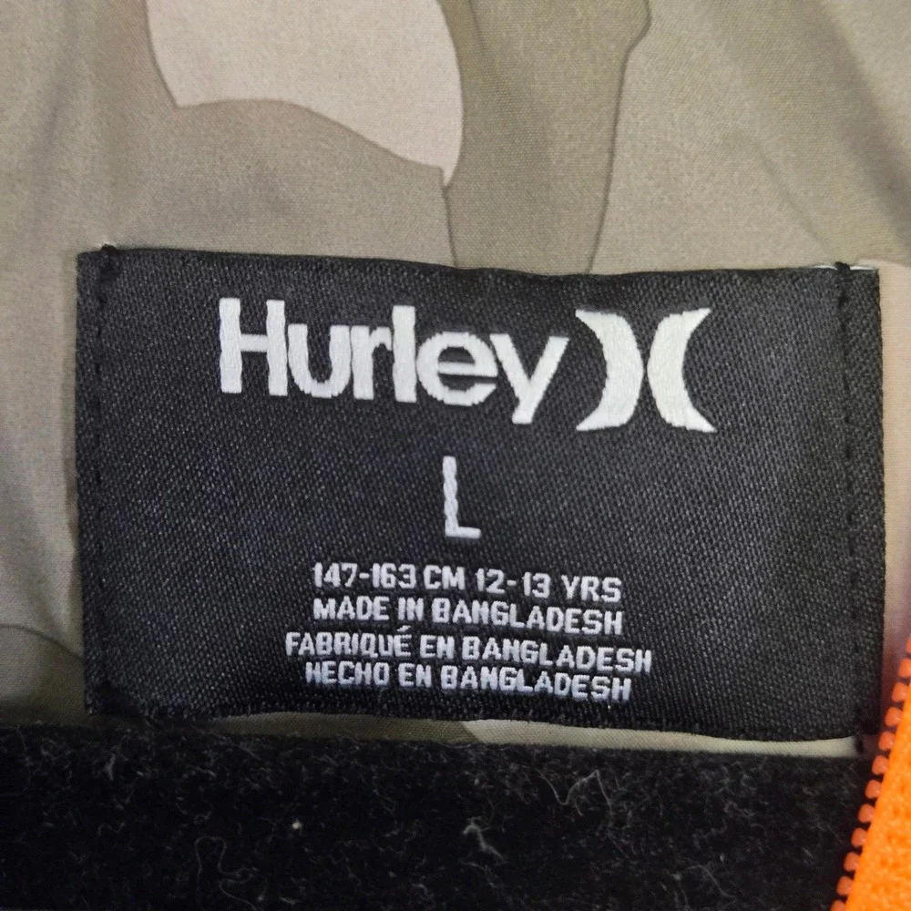 Hurley Boys Large L 12-13 Camo Windbreaker Jacket Neon Orange Zip Hooded